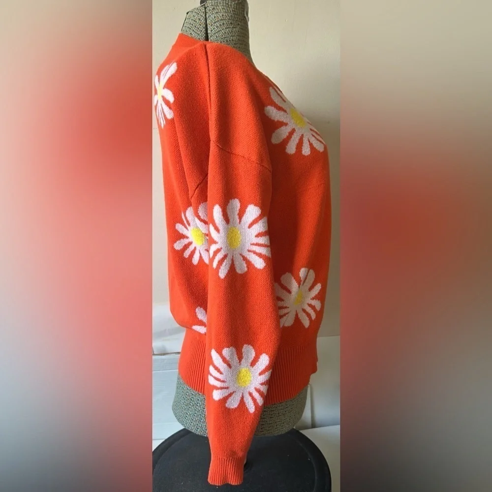 ZOCAVIA Vintage Aesthetic Cable Knit Sweater Sz.M ORANGE/WHITE DAISY PRINT